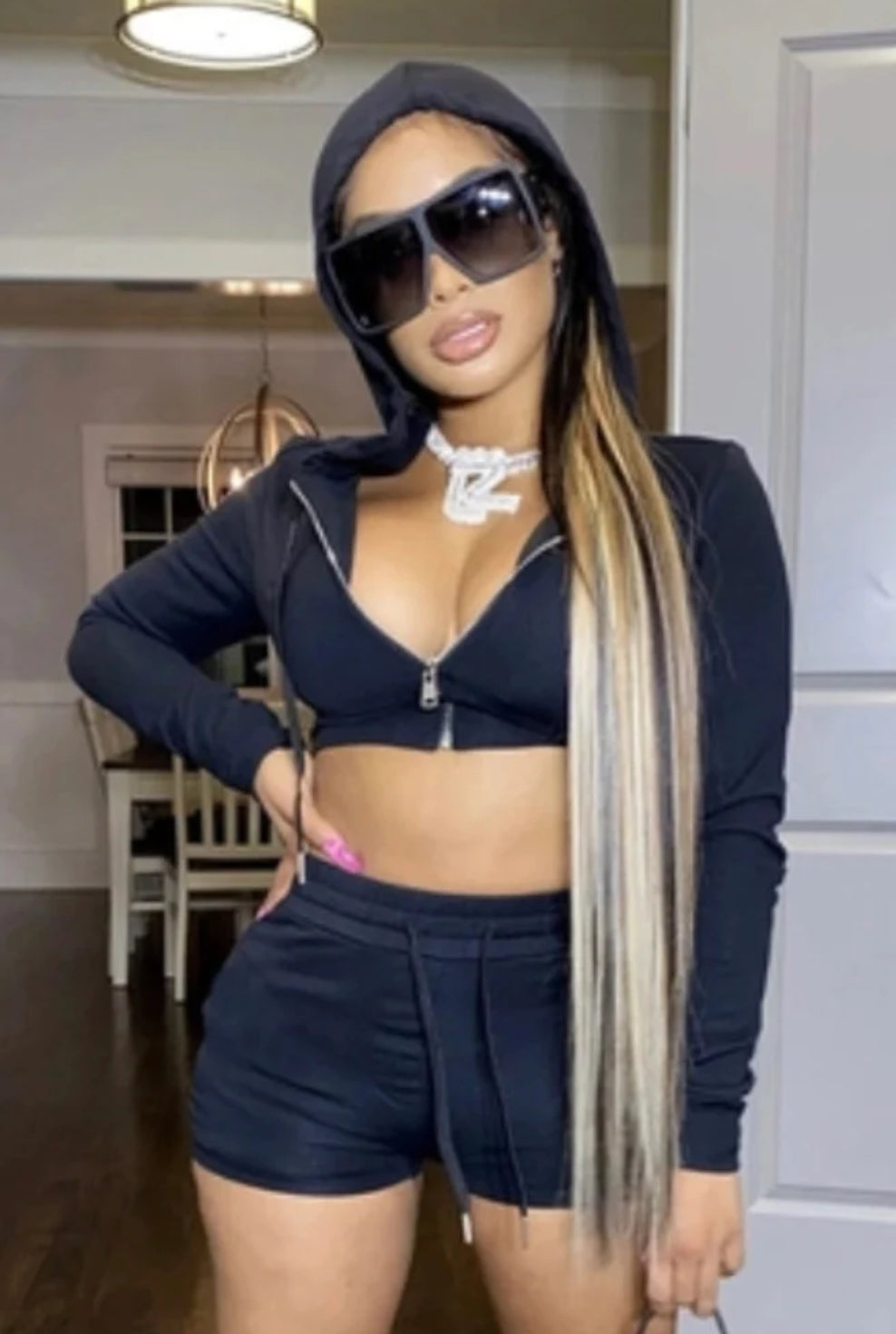 Two Piece Hooded Jacket Shorts Set