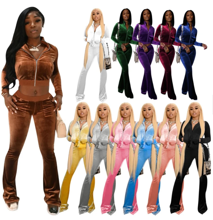 Sporty Velvet Solid Zipper 2 Piece Pant Sets