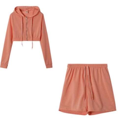 Two Piece Hooded Jacket Shorts Set